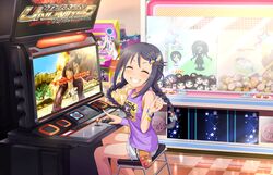  ^_^ aoki_kei arcade arcade_cabinet artist_request black_hair bracelet braid cameo closed_eyes company_connection controller crane_game crossover cutoffs facing_viewer female galaxian grin hair_ornament hairclip idolmaster idolmaster_cinderella_girls idolmaster_cinderella_girls_starlight_stage jewelry joystick long_hair mishima_heihachi miyoshi_sana namco official_art sitting smile solo stuffed_toy tekken tekken_tag_tournament_2 textless_version trainer_(idolmaster) twin_braids 