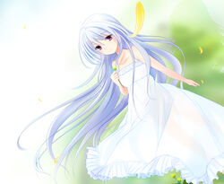  commentary_request dress female flower gatakenjin grisaia_(series) grisaia_no_rakuen holding holding_flower kazami_kazuki long_hair outdoors photoshop_(medium) purple_eyes silver_hair smile solo sundress white_dress 