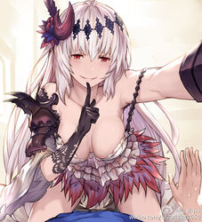  1boy arm_up armor armpits assertive_female black_gloves breasts dark_jeanne dress female finger_to_mouth gloves granblue_fantasy grin hair_ornament horns jeanne_d&#039;arc_(granblue_fantasy) large_breasts lialight long_hair looking_at_viewer naughty_face pauldrons red_eyes shoulder_armor single_horn single_pauldron smile solo_focus straight strap_slip sweatdrop very_long_hair watermark web_address white_dress white_hair 