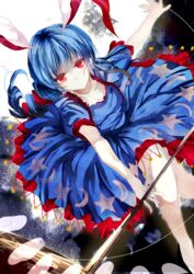  animal_ears bad_id bad_pixiv_id blue_dress blue_hair closed_mouth crescent dress expressionless female holding kine long_hair mallet moon outstretched_arms pale_skin puffy_short_sleeves puffy_sleeves rabbit_ears red_eyes sameya seiran_(touhou) short_sleeves solo star_(symbol) star_print touhou 