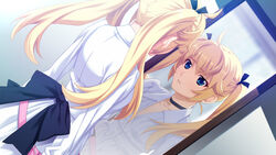  blue_eyes grisaia_(series) grisaia_no_kajitsu grisaia_no_rakuen highres looking_away matsushima_michiru mirror school_uniform sky thighhighs twintails 