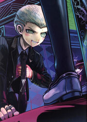  1boy alternate_universe bad_end black_legwear blonde_hair blood blood_in_mouth blood_splatter blush_stickers checkered danganronpa_(series) danganronpa_2:_goodbye_despair execution female formal freckles hat highres jewelry kuzuryu_fuyuhiko monokuma necktie non-web_source orima pantyhose pekoyama_peko photoshop_(medium) pink_blood ring scan smile suit sweat tears yellow_eyes 