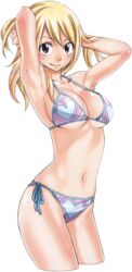  armpits arms_up bikini blonde_hair breasts cleavage fairy_tail female halterneck highres large_breasts long_hair looking_at_viewer lucy_heartfilia mashima_hiro mg_renders navel shiny_skin side-tie_bikini_bottom skindentation smile solo strap_gap string_bikini swimsuit transparent_background 