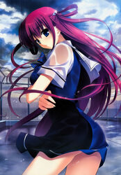  blue_eyes bow breast_hold breasts grisaia_(series) grisaia_no_kajitsu grisaia_no_rakuen long_hair plaid plaid_bow rain red_hair school_uniform skirt smile solo standing suou_amane very_long_hair wet 