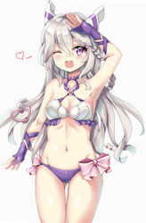  arm_up ass_visible_through_thighs bare_shoulders bikini blush bow braid breasts cleavage commentary_request female gloves grey_background groin hair_ornament heart heart_hair_ornament highres long_hair medium_breasts navel oerba_yun_fang one_eye_closed open_mouth partially_fingerless_gloves pink_bow purple_bikini purple_eyes purple_gloves signature simple_background sirius_(warship_girls_r) solo swimsuit very_long_hair warship_girls_r white_bikini white_hair zhudacaimiao 