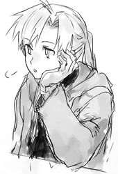  1boy alphonse_elric androgynous bored coat commentary_request conqueror_of_shambala elbows_on_table fullmetal_alchemist gloves greyscale hand_on_own_cheek hand_on_own_face long_hair looking_away male_focus monochrome ponytail puff_of_air riru shirt sigh simple_background solo white_background 