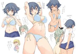  3girls abenattou anchovy_(girls_und_panzer) armpits arrow_(symbol) ass_visible_through_thighs bad_id bad_twitter_id bag bare_arms bikini black_bow blonde_hair blue_bikini blue_hair blue_shorts blush bow breasts brown_eyes cameltoe carpaccio_(girls_und_panzer) closed_mouth clothes_lift commentary_request covered_nipples drill_hair front-tie_bikini_top front-tie_top girls_und_panzer hairbow handbag holding innertube large_breasts lifting_own_clothes long_hair multiple_girls navel no_bra nose_blush o_o one-piece_swimsuit open_mouth partially_translated pepperoni_(girls_und_panzer) pink_one-piece_swimsuit ponytail profile shaded_face shirt shirt_lift short_hair short_sleeves shorts shorts_tug side-tie_bikini_bottom simple_background stomach sweat swim_ring swimsuit tan tanlines thigh_gap translation_request twin_drills white_background white_shirt 