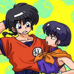  1boy arm_behind_head arm_up armpits black_hair braid chi-chi_(dragon_ball) chi-chi_(dragon_ball)_(cosplay) collarbone commentary_request cosplay dragon_ball earrings female jewelry looking_at_another open_mouth ranma_1/2 saotome_ranma short_hair single_braid son_goku son_goku_(cosplay) tendou_akane thick_eyebrows upper_body wanta_(futoshi) 