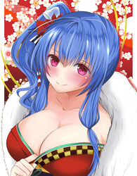  azur_lane blue_hair blush breasts china_dress chinese_clothes cleavage closed_mouth collarbone commentary_request dress female floral_background flower fur_collar fur_trim hair_ornament large_breasts long_hair looking_at_viewer official_alternate_costume photoshop_(medium) pink_eyes red_background sakura_(ichisakupink) side_ponytail smile solo st._louis_(azur_lane) st._louis_(spirits_in_the_snow)_(azur_lane) upper_body 