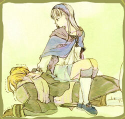  1boy blonde_hair cape commentary_request dress female gensou_suikoden gensou_suikogaiden hairband long_hair lowres nash_latkje okona_(konakoconaco) shoes short_dress short_hair sierra_mikain vampire white_hair 