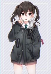  absurdres backpack bag black_eyes black_hair black_jacket black_skirt buttons collared_shirt commentary_request cowboy_shot drawstring female green_necktie grey_background hair_between_eyes hand_in_pocket hand_up highres hood hooded_jacket idolmaster idolmaster_cinderella_girls jacket legs_apart long_hair long_sleeves looking_at_viewer mask mask_around_one_ear miniskirt mole mole_under_eye mouth_mask necktie parted_lips pleated_skirt sasakichi_(ssk_chi) school_uniform sharp_teeth shirt sidelocks skirt sleeves_past_wrists solo standing striped striped_background striped_necktie sunazuka_akira surgical_mask teeth thighs twintails wavy_hair white_shirt 