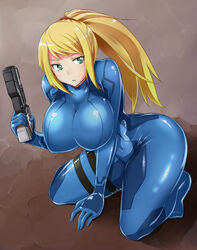  blonde_hair blue_bodysuit bodysuit breasts commentary_request female full_body gun handgun holding holding_gun holding_weapon huge_breasts kneeling long_hair metroid paralyzer partial_commentary ponytail samus_aran shiny_clothes skin_tight solo weapon zanku zero_suit 