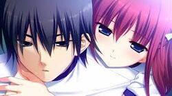  black_eyes black_hair blue_eyes female grisaia_(series) grisaia_no_kajitsu grisaia_no_rakuen hug kazami_yuuji long_hair open_mouth red_hair suou_amane 