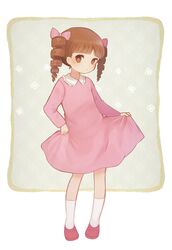  ayu_(mog) bad_id bad_pixiv_id blunt_bangs bow brown_eyes brown_hair chibi_maruko-chan collar dress drill_hair female frilled_collar frills full_body hairbow jougasaki_himeko looking_at_viewer multiple_hair_bows parted_bangs pink_dress red_footwear shoes simple_background socks solo standing twin_drills twintails white_background white_socks 