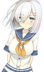  aozora_nan blue_eyes blush breasts commentary_request female grey_hair hair_ornament hair_over_one_eye hairclip hamakaze_(kancolle) highres kantai_collection large_breasts partial_commentary school_uniform serafuku short_hair short_sleeves solo 