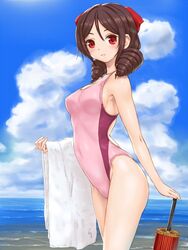  alternate_costume arched_back bare_shoulders beach blue_sky blush bow breasts brown_hair closed_umbrella cloud cloudy_sky commentary_request competition_swimsuit covered_navel day drill_hair female from_side hair_between_eyes hairbow harukaze_(kancolle) highleg highleg_swimsuit kantai_collection long_hair looking_at_viewer medium_breasts ocean oil-paper_umbrella one-piece_swimsuit outdoors pink_one-piece_swimsuit rasukaru red_bow red_eyes sky smile solo swimsuit thighs towel twin_drills umbrella water 