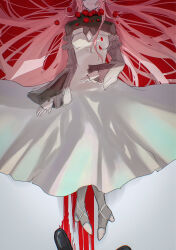  1other arknights black_shoes blood blood_trail breasts cleavage_cutout closed_mouth clothing_cutout commentary_request death detached_sleeves dress facing_viewer female flower frilled_sleeves frills gloves grey_background hair_spread_out hand_on_own_stomach head_out_of_frame high_heels highres layered_sleeves long_dress long_hair long_sleeves lying on_back out_of_frame petals pink_hair pool_of_blood red_flower rose rose_petals senjou_no_pentsu shoes smile solo solo_focus spoilers theresa_(arknights) turtleneck very_long_hair white_dress white_gloves white_shoes wide_sleeves 