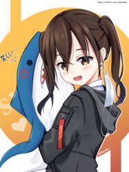  :o absurdres anger_vein artist_name bad_id bad_pixiv_id black_jacket blush brown_eyes brown_hair female hair_between_eyes heart highres hood hood_down hooded_jacket hugging_doll hugging_object idolmaster idolmaster_cinderella_girls ikea_shark jacket long_hair looking_at_viewer mask mask_around_one_ear mole mole_under_eye mouth_mask open_mouth sasatabekung sharp_teeth shirt sidelocks solo stuffed_animal stuffed_shark stuffed_toy sunazuka_akira surgical_mask teeth twintails twitter_username upper_body white_shirt 