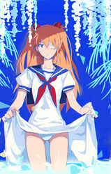  bad_id bad_pixiv_id blue_eyes clothes_lift dress dress_lift eyepatch female hair_ornament highres long_hair meer_rowe neon_genesis_evangelion orange_hair panties photoshop_(medium) rebuild_of_evangelion sailor_dress solo souryuu_asuka_langley underwear white_dress white_panties 