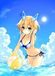  ange_vierge ball bare_shoulders beachball bikini blonde_hair blue_eyes blush breasts cleavage cloud code_omega_77_stella collarbone day female front-tie_bikini_top front-tie_top green_eyes hair_ornament heterochromia highres looking_at_viewer medium_breasts navel ocean official_art outdoors see-through short_hair side-tie_bikini_bottom sky smile solo string_bikini sunlight swimsuit tsunako wading water 