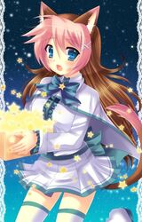  animal_ears animal_tail barrette blue blue_eyes blush bow brown brown_hair cat_ears cat_tail clothed female female hair hoshine_stella long_hair multi_colored_hair multicolored_hair open_mouth pink pink_hair skirt solo star stars tail utau very_long_hair white white_clothes 