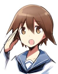  :d brown_eyes brown_hair collarbone commentary_request female kinosaki_(green_patio) long_sleeves miyafuji_yoshika open_mouth school_uniform serafuku short_hair simple_background smile solo strike_witches upper_body white_background world_witches_series 