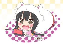  :d animal_hood black_hair brown_eyes chibi commentary_request cosplay dango doma_umaru doma_umaru_(cosplay) female food handheld_game_console himouto!_umaru-chan hood houraisan_kaguya komaru_(himouto!_umaru-chan) komaru_(himouto!_umaru-chan)_(cosplay) long_hair lowres masa_(miyabitei) nintendo_3ds open_mouth parody playing_games rabbit_hood skewer smile solo style_parody touhou wagashi 