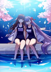  2girls bad_id bad_twitter_id blush brown_hair fate/extra fate/extra_ccc fate_(series) highres kishinami_hakuno_(female) lab_coat long_hair matou_sakura matou_sakura_(fate/extra) multiple_girls old_school_swimsuit one-piece_swimsuit pool purple_hair school_swimsuit sentaku_nori swimsuit very_long_hair yuri 