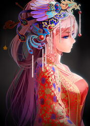  alternate_hairstyle beads bird black_background blue_eyes breasts bride chinese_clothes closed_mouth commentary_request dress eyelashes female fengguan floral_print flower from_side gem hair_ornament hair_rings hair_stick half-closed_eyes headdress headpiece highres long_hair long_sleeves medium_breasts megurine_luka okingjo pearl_(gemstone) phoenix pink_hair profile simple_background solo tassel upper_body vocaloid wedding_dress 