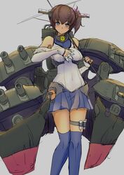  ammunition bare_shoulders between_fingers blush brown_eyes brown_hair commentary_request cosplay female hair_ornament holding ishikkoro kaga_(battleship) kaga_(battleship)_(kancolle) kaga_(kancolle) kantai_collection looking_at_viewer short_hair side_ponytail skirt solo thighhighs yamato_(kancolle) yamato_(kancolle)_(cosplay) 