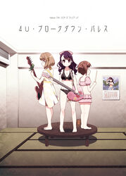  3girls barefoot bikini black_bikini black_hair blush brown_hair calendar_(object) commentary_request dress drumsticks guitar hair_ribbon highres hoppege instrument kujou_ume long_hair looking_at_viewer multiple_girls on_table red_eyes ribbon saeki_hina short_hair smile standing standing_on_object sundress swimsuit table tokyo_7th_sisters translation_request wanibuchi_emoko 