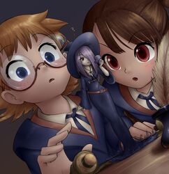  3girls alloyrabbit bangs blue_eyes brown_hair dress dutch_angle eyebrows_visible_through_hair freckles glasses ink_well kagari_atsuko little_witch_academia long_hair lotte_jansson minigirl multiple_girls mushroom purple_hair quill red_eyes scroll semi-rimless_glasses short_hair simple_background spoken_question_mark sucy_manbavaran under-rim_glasses witch_hat 