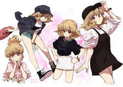  alternate_costume alternate_hairstyle atra_mixta bad_id bad_pixiv_id bae_(baebae) bag bracelet brown_hair dated female gundam gundam_tekketsu_no_orphans hat jacket jacket_on_shoulders jewelry looking_at_viewer multiple_views photoshop_(medium) red_eyes short_hair shorts skirt smile 