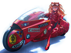  akira_(manga) blue_eyes bmw bodysuit boyaking canon_(company) citizen_(brand) closed_mouth commentary_request female goggles goggles_on_head hair_ornament interface_headset jacket kaneda_shoutarou&#039;s_bike long_hair looking_at_viewer motor_vehicle motorcycle neon_genesis_evangelion orange_hair photoshop_(medium) plugsuit rebuild_of_evangelion red_bodysuit red_jacket revision shadow sitting solo souryuu_asuka_langley transparent two_side_up 