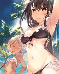  2girls arm_up armpits bikini black_bikini black_eyes black_hair blonde_hair breasts closed_eyes dark-skinned_female dark_skin day duplicate frilled_bikini frills granblue_fantasy hair_between_eyes io_(granblue_fantasy) jessica_(granblue_fantasy) long_hair medium_breasts multiple_girls navel outdoors palm_tree sidelocks sky small_breasts smile stomach sweat swimsuit tan tree twintails underboob waifu2x white_bikini zama_masaaki 