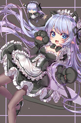  alternate_costume animal_ears animal_hands apron black_bow black_footwear black_gloves black_skirt blue_eyes bow bowtie cat_ears cat_tail commentary_request elsword enmaided feet_out_of_frame female frills gloves grey_background grey_hair grey_pantyhose highres long_hair looking_at_viewer luciela_r._sourcream maid maid_headdress pantyhose paw_gloves robot shoes skirt smile solo symbol-shaped_pupils tail wataru_kuri 