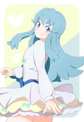  ayatori_(sensei_heroism) belt blue_eyes blue_hair commentary_request cowboy_shot dress eyelashes female frills happinesscharge_precure! happy long_hair long_sleeves looking_at_viewer looking_back precure shirayuki_hime sidelocks simple_background skirt smile solo standing very_long_hair white_dress yellow_skirt 