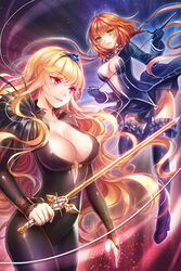  2girls black_legwear blonde_hair breasts commentary_request hairband hobak large_breasts linia_pacifica long_hair lowres multiple_girls orange_hair photoshop_(medium) red_eyes skin_tight sword sword_girls thighhighs weapon 