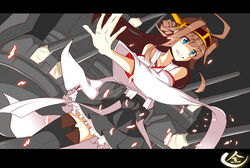  ahoge bad_id bad_pixiv_id blue_eyes boots brown_hair commentary_request detached_sleeves embers female hairband japanese_clothes kantai_collection kongou_(kancolle) letterboxed long_hair machinery nontraditional_miko solo suu2510 thigh_boots thighhighs turret wide_sleeves 