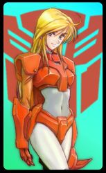  1980s_(style) ahoge aqua_eyes armor autobot blonde_hair chira-urahma commentary_request female helmet insignia long_hair looking_at_viewer midriff minerva_(transformers) retro_artstyle smile solo standing transformers transformers_super-god_masterforce 