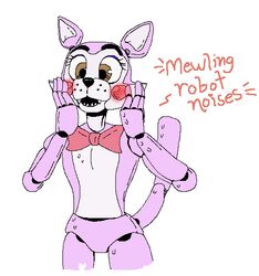  animatronic anthro blush bow_(feature) bow_tie brown_eyes cindy_(fnac) domestic_cat english_text eyelashes fangs fazbear_fanverse felid feline felis five_nights_at_candy&#039;s fur ghost_(artist) machine mammal pink_body pink_fur robot simple_background solo teeth text white_background 