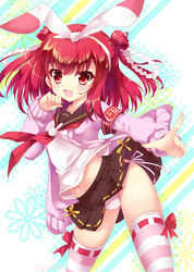  :d animal_ears armband beatmania_iidx cardigan commentary_request female hair_ornament hairband hinata_momo long_hair long_sleeves looking_at_viewer navel open_cardigan open_clothes open_mouth panties pantyshot rabbit_ears red_eyes red_hair revision ribbon-trimmed_legwear ribbon-trimmed_skirt ribbon_trim short_hair side-tie_panties skirt smile striped_clothes striped_panties striped_thighhighs thighhighs two_side_up umegiri_ameto underwear 