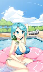  absurdres bikini blue_eyes blue_hair breasts bush cleavage female female freesha gradient_hair green_hair highres league_of_legends looking_at_viewer multicolored_hair pool short_hair side-tie_bikini sky solo sona_(league_of_legends) sona_buvelle swimsuit tree water 