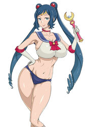  ao_madoushi bishoujo_senshi_sailor_moon bishoujo_senshi_sailor_moon_(first_season) blue_eyes blue_hair blue_sailor_collar bow bra breasts choker cleavage collarbone commentary_request cosplay double_bun drill_hair elbow_gloves female gloves gundam gundam_build_fighters hair_bun hand_on_own_hip highres holding holding_wand iori_rinko large_breasts long_hair maboroshi_no_ginzuishou mature_female mitsuishi_kotono moon_stick_(sailor_moon) neck panties red_bow red_choker sailor_collar sailor_moon sailor_moon_(cosplay) sailor_moon_narikiri_bra_set sailor_senshi_uniform simple_background smile solo stomach tiara twin_drills twintails underwear underwear_only very_long_hair voice_actor_connection wand white_background white_gloves 