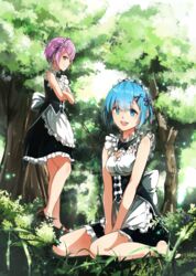  2girls :d adapted_costume apron barefoot between_legs black_skirt blue_eyes blue_hair bow commentary_request corset crossed_arms day flower forest frilled_apron frilled_skirt frills hair_flower hair_ornament hair_ribbon hand_between_legs head_wreath hidaka_kouyou highres looking_at_viewer maid miniskirt multiple_girls nature open_mouth outdoors pink_hair profile purple_ribbon ram_(re:zero) re:zero_kara_hajimeru_isekai_seikatsu red_eyes rem_(re:zero) ribbon roswaal_mansion_maid_uniform shirt short_hair siblings sisters sitting skirt sleeveless sleeveless_shirt smile standing twins waist_apron wariza white_apron white_bow white_flower white_shirt 