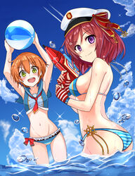  2girls ball beachball bikini commentary_request fingerless_gloves gloves highres hoshizora_rin love_live! love_live!_school_idol_project md5_mismatch multiple_girls nishikino_maki okutomi_fumi orange_hair purple_eyes red_hair sailor_bikini sailor_collar short_hair swimsuit water_gun yellow_eyes 