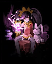  ashley_(warioware) black_background black_hair black_thighhighs book commentary_request doll dress female hair_ornament lantern long_sleeves looking_at_viewer pot red_dress red_eyes red_footwear sailor_collar shigehiro_(hiroi_heya) sidelocks simple_background skull solo spread_legs thighhighs tiara twintails warioware yellow_sailor_collar 