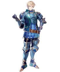  1boy armor belt blonde_hair clive_(fire_emblem) commentary_request fire_emblem fire_emblem_echoes:_shadows_of_valentia fire_emblem_heroes full_body gauntlets hand_on_own_hip highres looking_at_viewer male_focus mole mole_under_mouth official_art open_mouth purple_eyes smile solo standing tobi_(kotetsu) transparent_background 