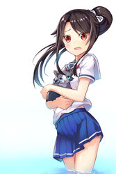  black_hair commentary_request contrapposto feline female high_school_fleet impossible_clothes impossible_skirt karakushi long_hair miniskirt munetani_mashiro ponytail red_eyes school_uniform serafuku short_sleeves skirt solo standing tamonmaru_(haifuri) wading water wavy_mouth yokosuka_girls_marine_high_school_uniform 