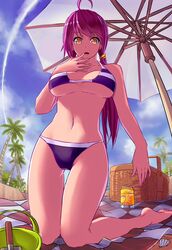  barefoot beach bikini breasts breasts_apart can commentary_request drink drink_can female fisheye highres kneeling long_hair looking_at_viewer open_mouth orange_eyes original outdoors picnic_basket purple_bikini purple_hair soda_can solo swimsuit umbrella uusquid 